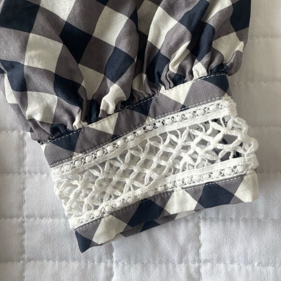 MARIE OLIVER Silk Blend Que Indigo Gingham Plaid Long Sleeve Ruffle Top L - Picture 6 of 15